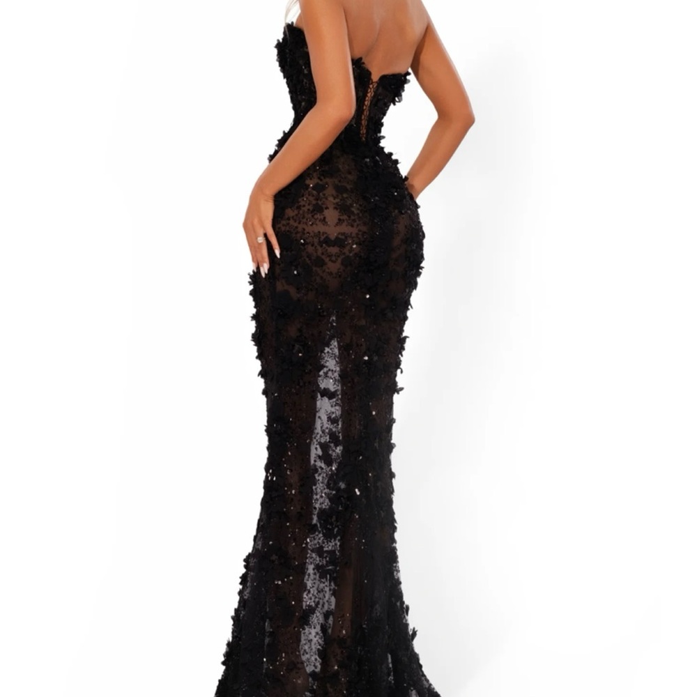 Strapless Black Illusion Lace Evening Gown
